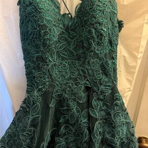 Deep Green Floral Lace Prom Dress with Beaded Detail